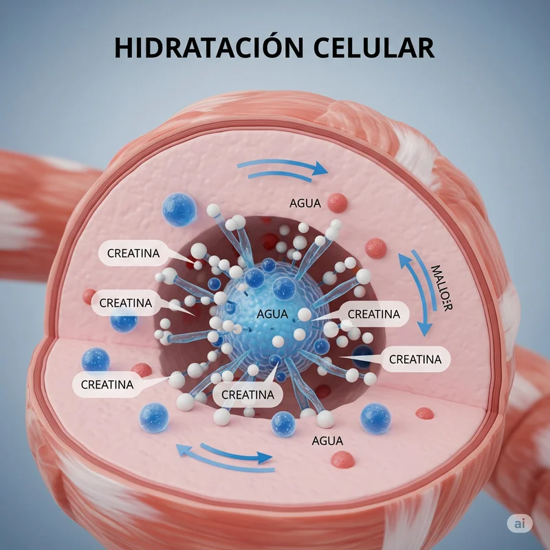 Infografía 3D de una célula muscular. Se ve cómo las moléculas de creatina atraen agua hacia el interior de la célula, haciéndola más grande y promoviendo un ambiente anabólico.