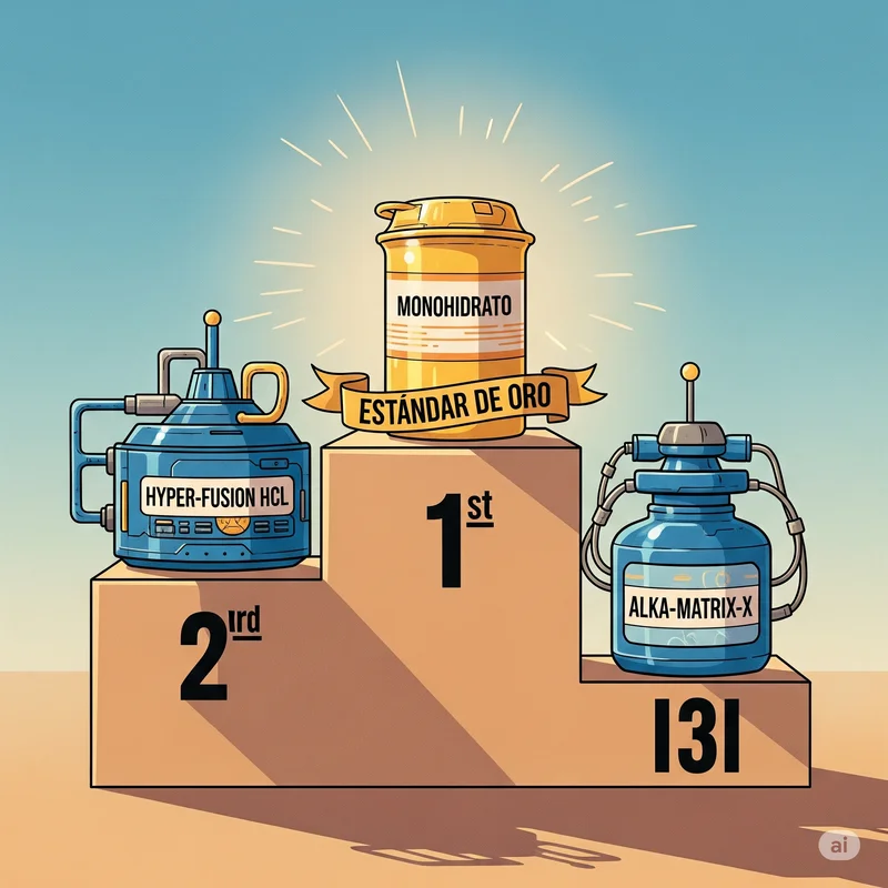 Ilustración emocional de un podio de ganadores. En el primer puesto, un envase simple y dorado de 'Monohidrato de Creatina'. En los puestos inferiores, envases complejos y caros de otras formas de creatina.