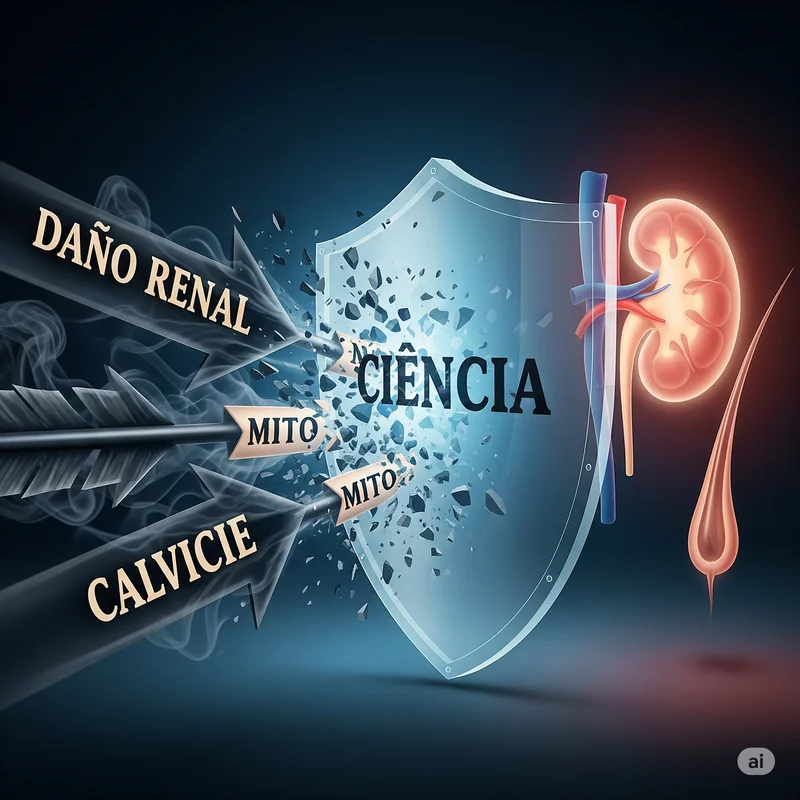 Imagen surrealista donde un escudo protector con la palabra 'CIENCIA' repele flechas con las palabras 'DAÑO RENAL' y 'CALVICIE' antes de que lleguen a un riñón y a un folículo piloso sanos.