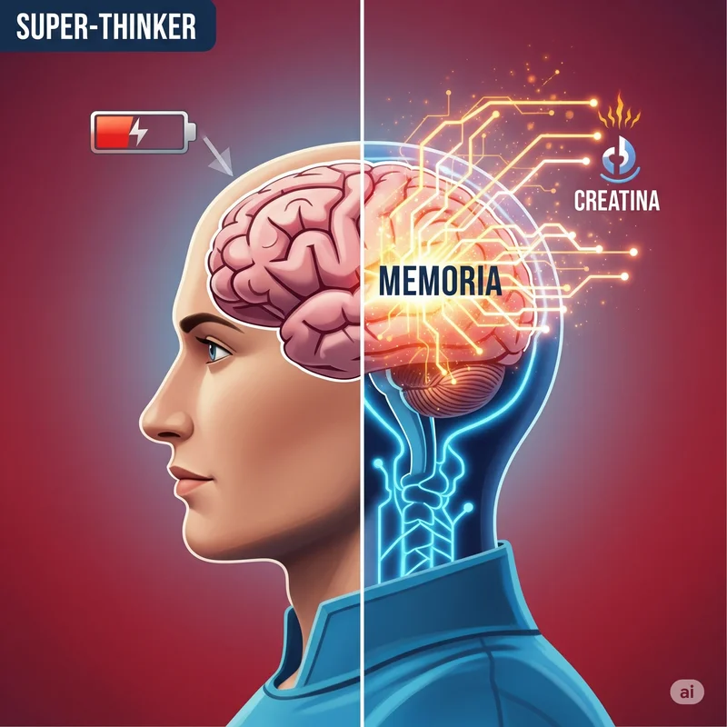 Parodia de cultura pop mostrando una cabeza de perfil. La mitad del cerebro está opaca y con una batería baja, la otra mitad está iluminada y energizada con el ícono de la creatina.